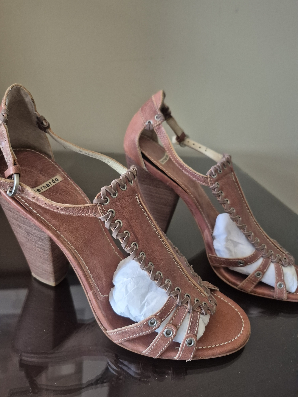Bernardo Pink-Brown Leather High Heel Sandals Size 8.5